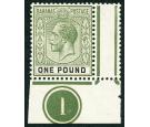 SG125. 1926 £1 Green and black. Brilliant U/M corner plate numb