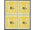 SG F215. 1942 11/- on 11/- Yellow. Brilliant fresh U/M mint bloc