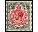 SG95d. 1913 4/- Carmine and black. 'Nick in top right scroll'. V