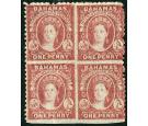 SG7. 1862 1d Lake. Trial Perforation block of four. Very fine mi