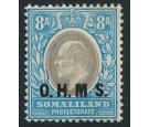 SG O13a. 1908 8a Grey-black and pale blue. No stop after 'M'. Mi