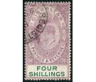 SG63. 1908 4/- Deep purple and green. Very fine used...