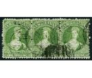 SG124. 1864 1/- Green. Fine used strip of 3...