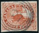 SG1. 1851 3d Red. 'Laid Paper'. Superb fine used with BLUE cance