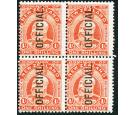 SG O77. 1910 1/- Vermilion. Superb fresh mint block...