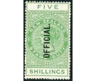 SG O86. 1915 5/- Yellow-green. 'OFFICIAL'. Brilliant fresh U/M m