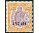 SG169s. 1910 $500 Purple and orange. 'SPECIMEN'. Superb fresh mi