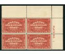 SG S7. 1932 20c Brown-red. Superb U/M corner plate number block.