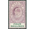 SG63. 1908 4/- Deep purple and green. Very fine well centred min