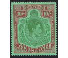 SG119b. 1942 10/- Yellow green and carmine/green. Line Perf. U/M