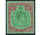 SG119b. 1942 10/- Yellow green and carmine/green. Line Perf. Bri