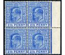 SG73w. 1907 2 1/2d Ultramarine 'Watermark Inverted'. U/M block.