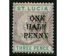 SG56a,c Variety. 1891 1/2d on 3d Dull mauve and green. 'Surcharg