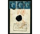 SG9. 1853. 2d Deep blue. Fantastic cover bearing strip of 3...