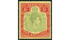 SG118df. 1943 5/- Pale bluish green and carmine-red/pale yellow.