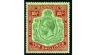 SG92e. 1924 10/- Green and red/pale emerald 'Break in lines belo