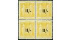 SG F215. 1942 11/- on 11/- Yellow. Brilliant fresh U/M mint bloc