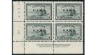 SG O168a. 1949 20c Slate. Missing stop after 'S'. U/M plate bloc