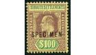 SG122s. 1903 $100 Purple and green/yellow. 'SPECIMEN'. Superb U/