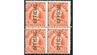 SG O77. 1910 1/- Vermilion. Superb fresh mint block...