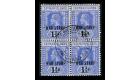 SG55. 1917 1 1/2d on 2 1/2d Deep blue. Unique used block of 4...