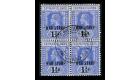 SG55. 1917 1 1/2d on 2 1/2d Deep blue. Unique used block of 4...