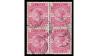 SG180. 1884 5/- Rose. Superb well centred used block of four...