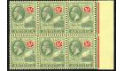 SG60. 1922 5/- Green and red/pale yellow. U/M mint block of 6...