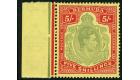 SG118d. 1943 5/- Pale bluish-green and carmine-red/pale yellow. 