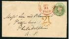 SG54. 1847 1/- Pale green. Superb fine used on cover to Philadel