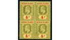 SG29. 1908 4d Black and yellow/red. A beautiful block...