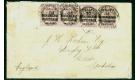 SG7. 1900 3d on 1d Lilac A magnificent strip of 4 on cover...