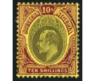 SG31. 1908 10/- Grey-black and purple/yellow. Superb fine used..