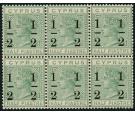 SG29. 1886 1/2 on 1/2pi Emerald-green. Superb mint block of 6...