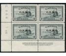SG O168a. 1949 20c Slate. Missing stop after 'S'. U/M plate bloc