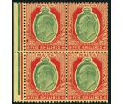 SG63. 1911 5/- Green and red/yellow. U/M mint block...