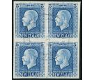 SG424a. 1922 5d Light blue. 'Imperforate Pair'. Used block of 4.