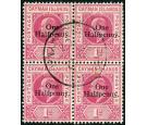 SG17. 1907 1/2d on 1d Carmine. Superb fine used block of four...