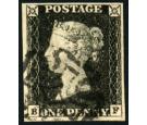 1840. 1d Black. Plate 1b. Lettered B-F 'Bleute paper'. Superb fi