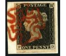1840. 1d Intense black. Plate 2, Lettered P-D (Recut letter squa