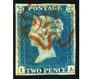 1840. 2d Blue. Plate 1. Lettered I-A. Superb fine used...