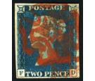 1840. 2d Blue, Plate 1. Lettered F-D. Very fine used...