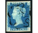 1840. 2d Blue, Plate 2. Lettered M-C. Brilliant fine used with f