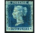 1849. 2d Blue, Plate 4. Lettered A-E. 'First repair and on thin