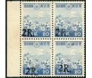 SG J55. 1942 2r on 20s Ultramarine. Superb U/M mint block of 4..