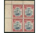 SG163. 1938 10/- Steel blue and carmine. Superb U/M mint block o