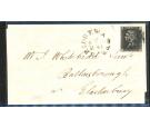 1840 1d Black.  Plate 11. Lettered Q-H. Superb used on cover. A