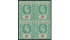 SG70. 1908 10/- Green and red/green. Choice brilliant mint block