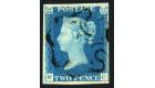 1840. 2d Blue, Plate 2. Lettered M-C. Brilliant fine used with f