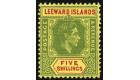 SG112bb. 1938 5/- Green and red/yellow. 'Retoched value tablet'.